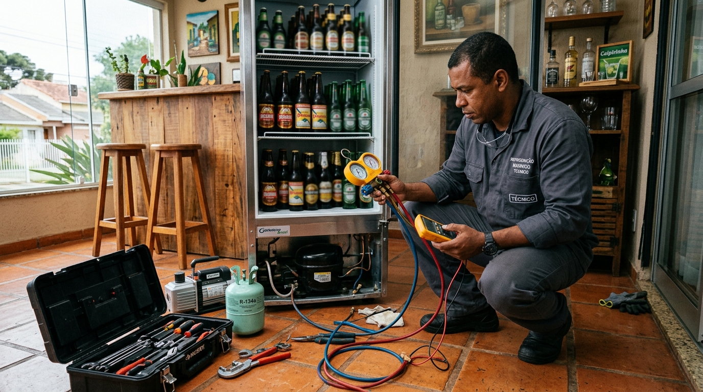Profissional trocando compressor de equipamento comercial em Vitória da Conquista‑BA