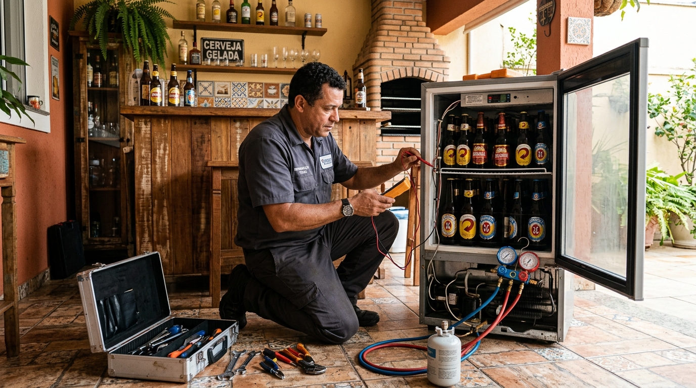 Recarga de gás em expositor de bebidas durante atendimento em Vitória da Conquista‑BA